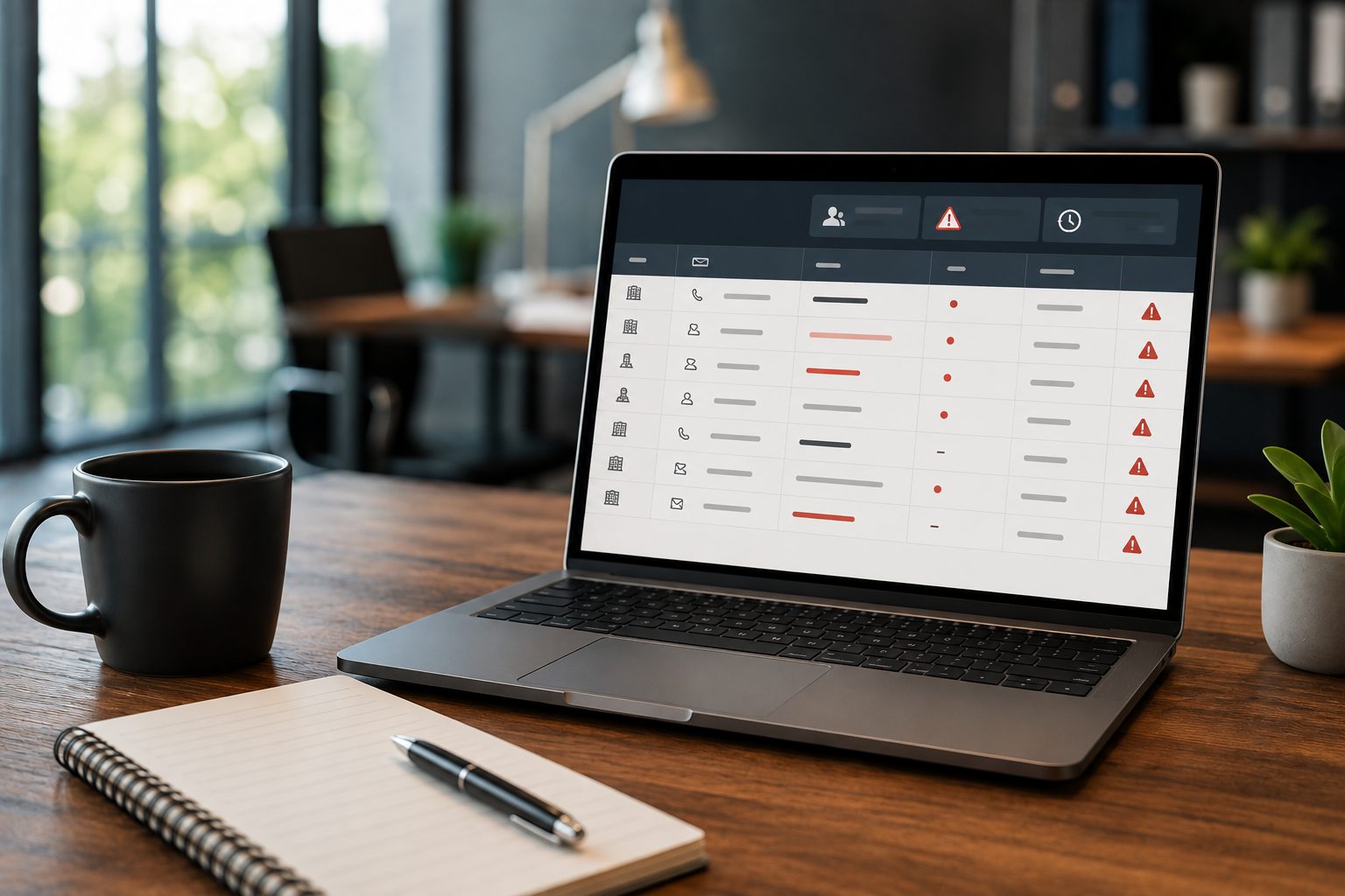 Laptop auf einem Schreibtisch zeigt eine CRM-Liste mit Warnhinweisen zu fehlerhaften Datensätzen